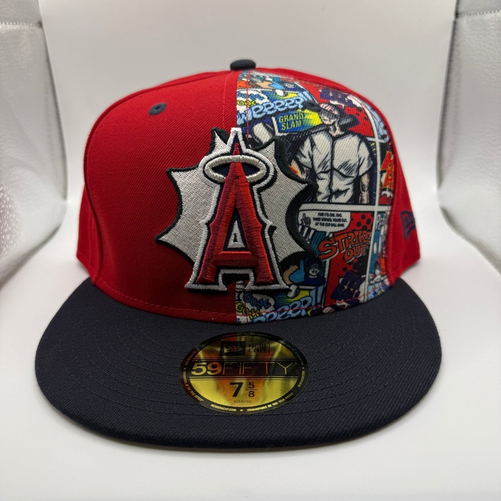 New Era 59FIFTY Anaheim Angels Comic Book Print Fitted Hat 7 5/8 Red Navy